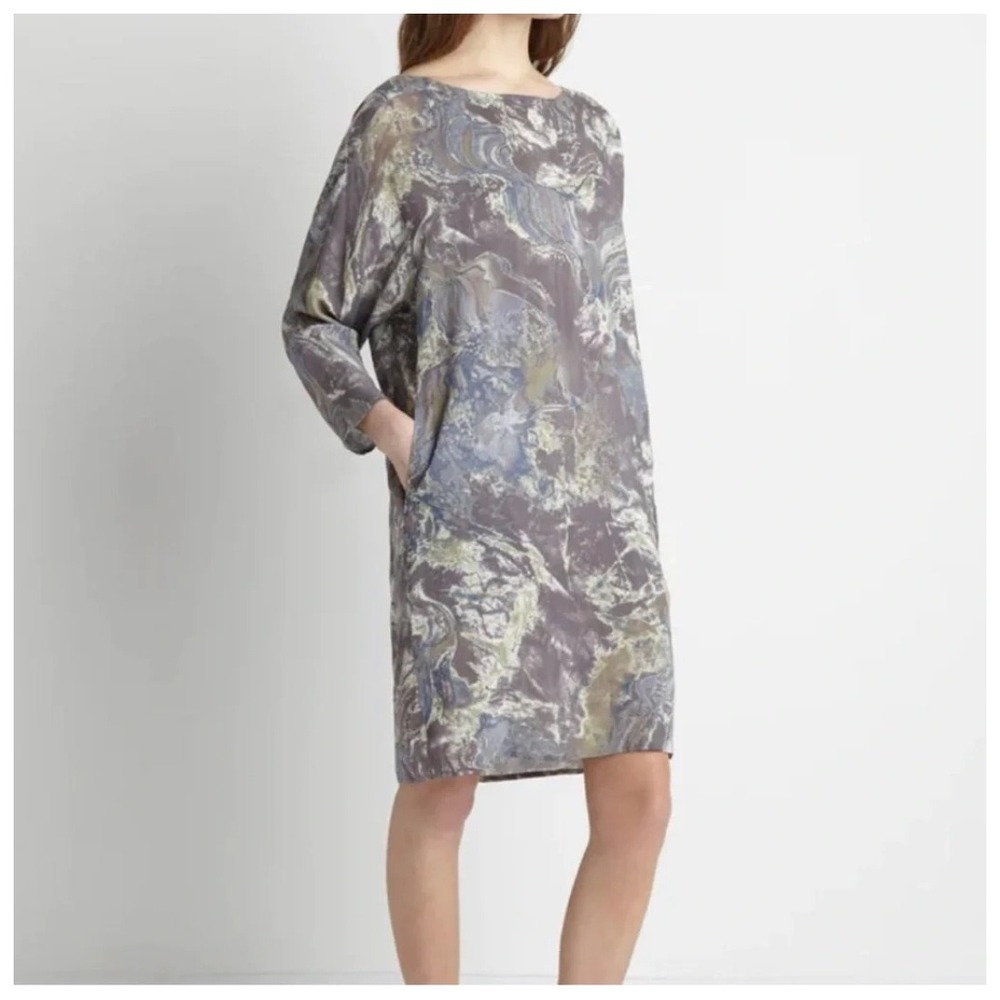 Emerson Fry Yoshi Tunic Dress Blue Grey Marble Print‎ Viscose Pocket Shift L